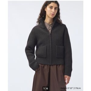 UNIQLO x Lemaire Lambswool Ribbed Knit Zip Up Sweater Jacket Chocolate Brown Sm